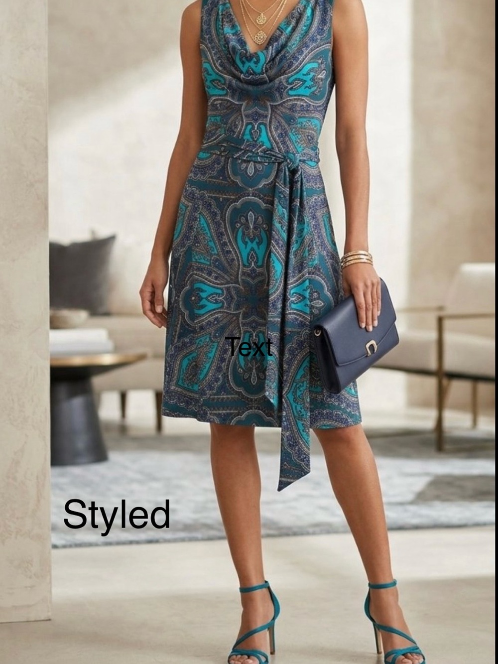 INC International Concepts Teal & Navy Paisley Drape Neck Dress & Belt-Excellent